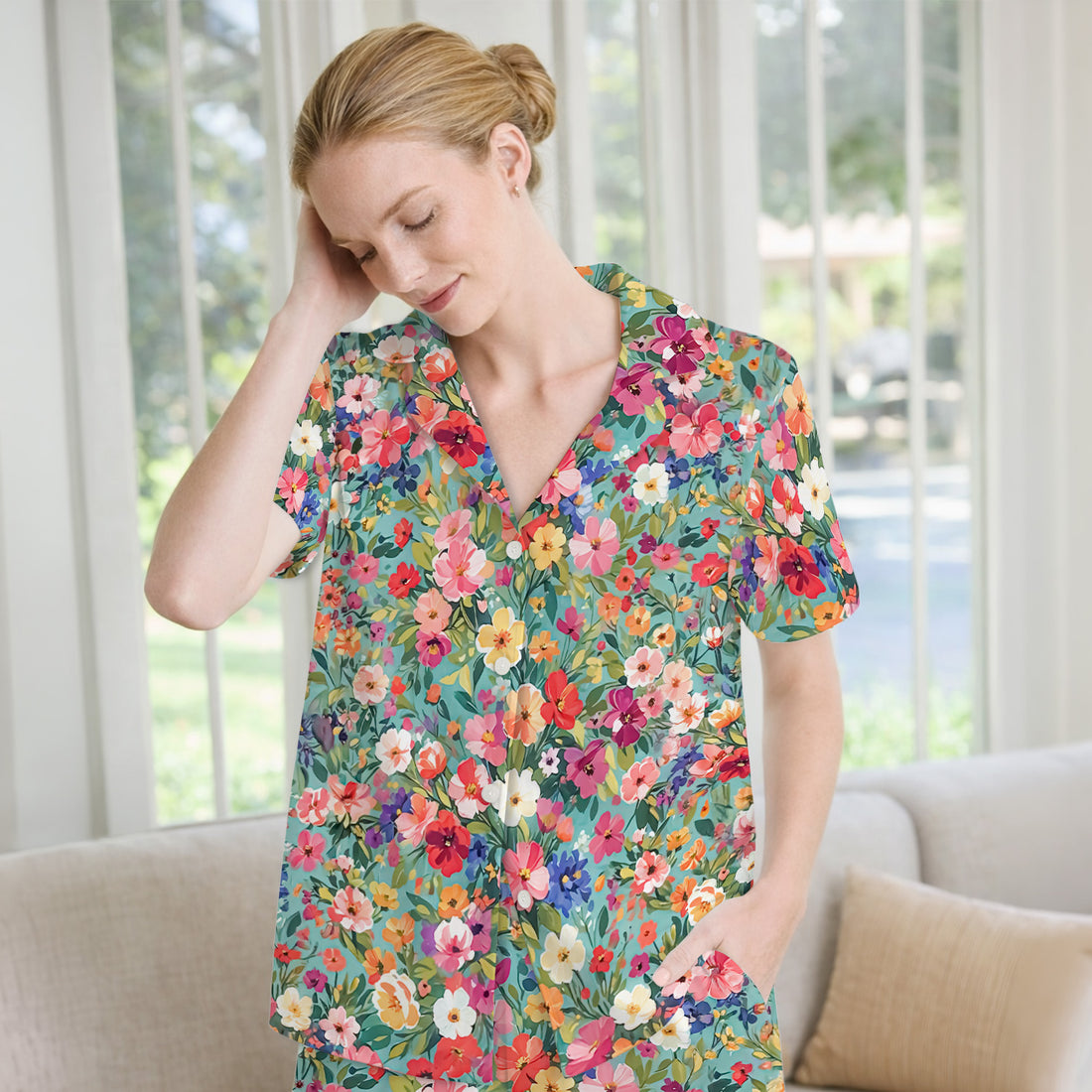 Colorful Wildflower Garden Bloom Pajama Set, Soft Breathable Sleepwear
