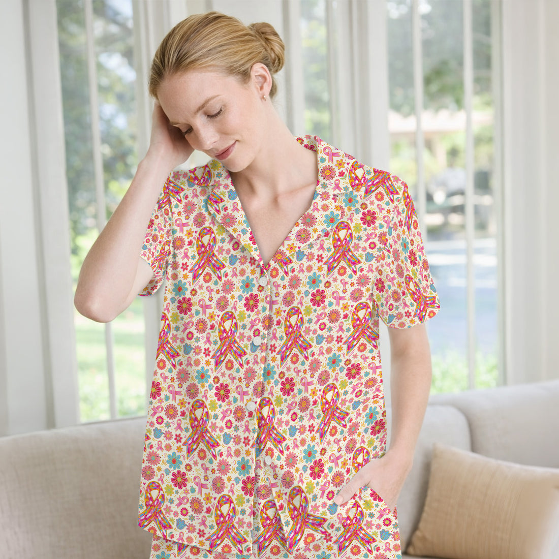 Colorful Pink Ribbon Floral Pajama Set, Soft Breathable Fabric Comfortable Sleepwear