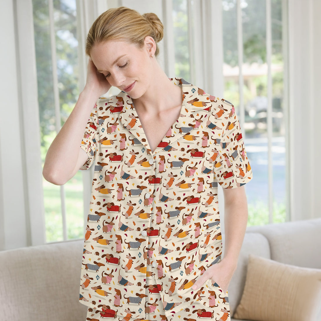 Cute Autumn Dachshund Print Pajama Set, Soft Breathable Fabric Comfortable Sleepwear