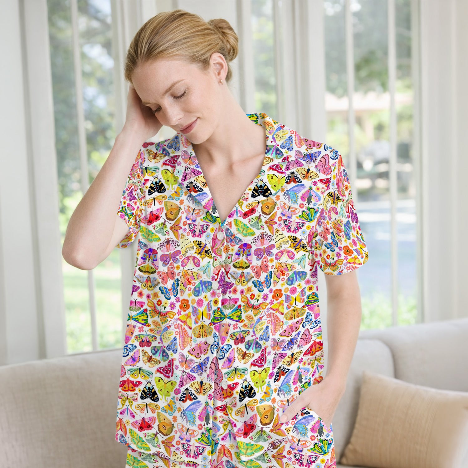 Cute Bright Butterfly Moth Floral Pajama Set, Soft Breathable Fabric Comfortable Sleepwear