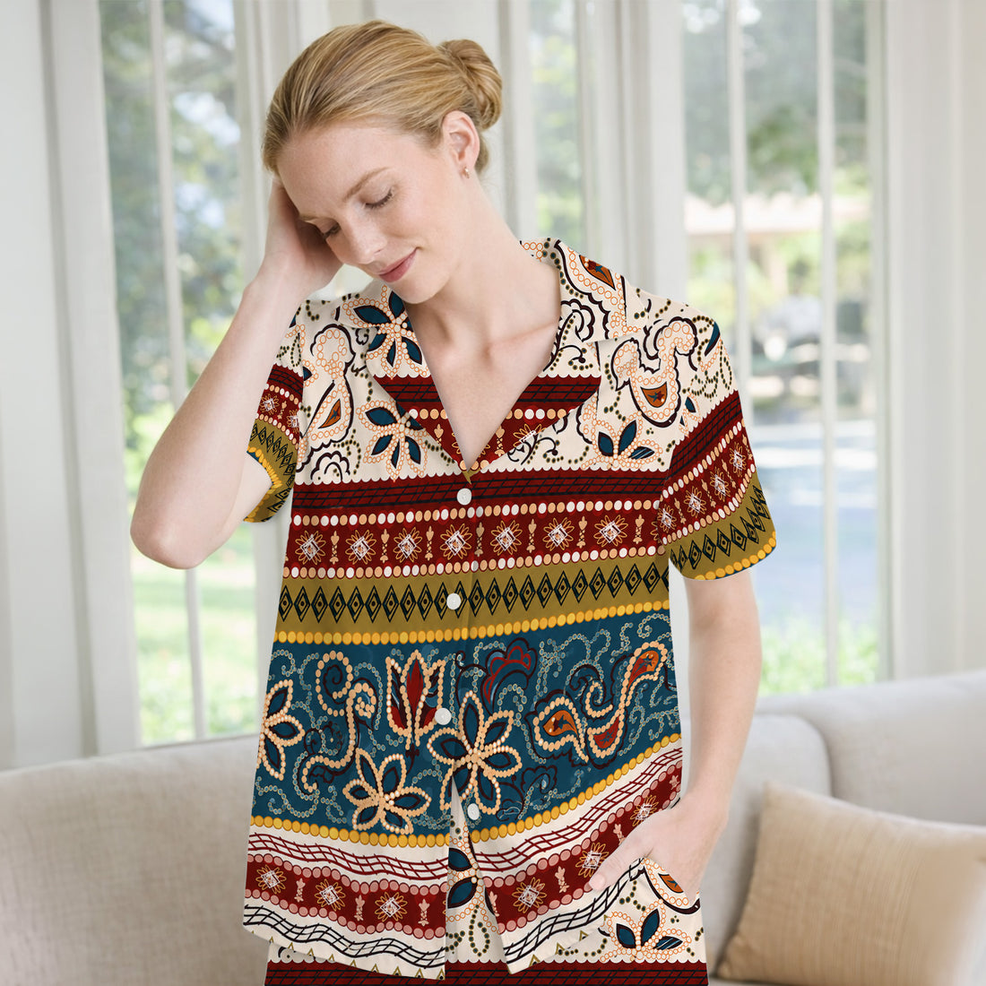 Boho Paisley Floral Stripe Pattern Pajama Set, Soft Breathable Fabric Comfortable Sleepwear