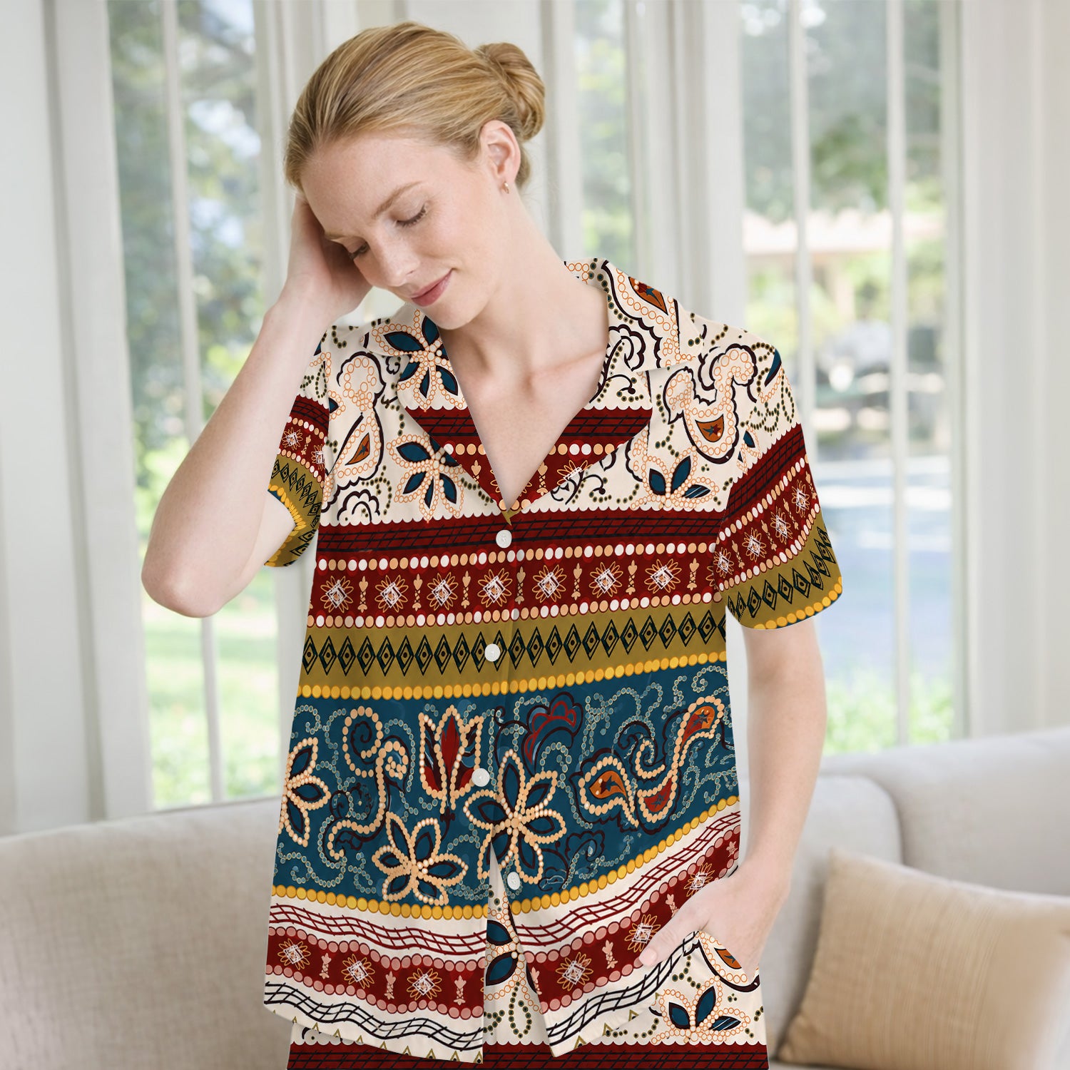 Boho Paisley Floral Stripe Pattern Pajama Set, Soft Breathable Fabric Comfortable Sleepwear