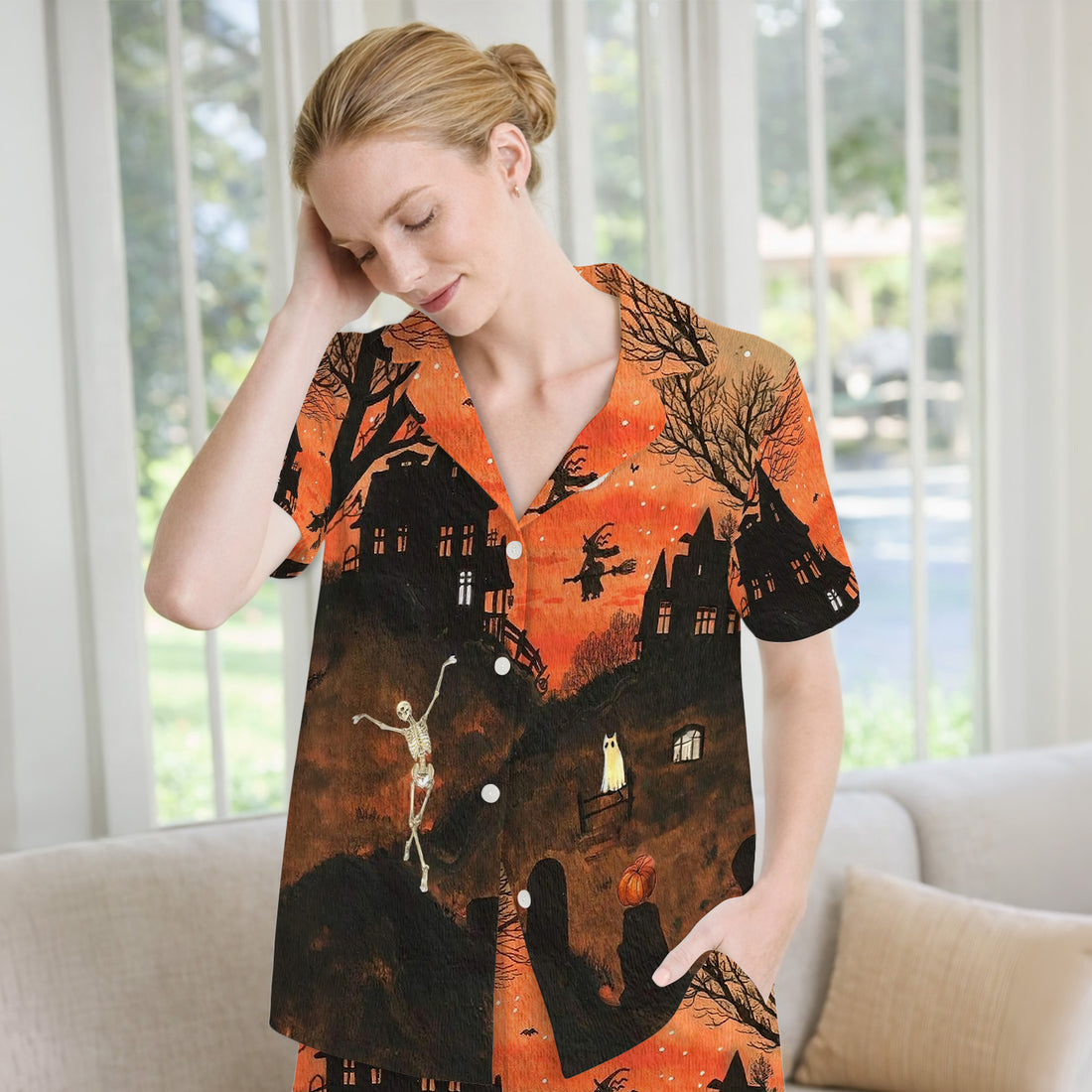 Halloween Haunted House Pattern Pajama Set, Soft Breathable Fabric Comfortable Sleepwear
