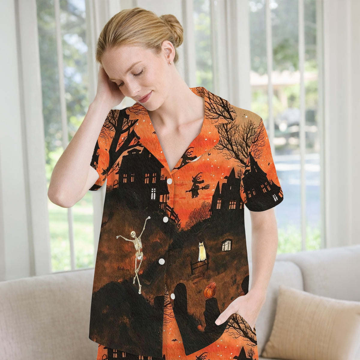 Buntes Pyjama-Set mit Neon-Katzengesichtern, weicher, atmungsaktiver Stoff, bequeme Nachtwäsche