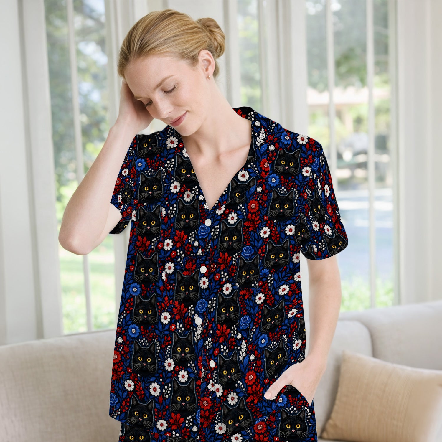 Black Cat Floral Nurse Pattern Pajama Set, Soft Breathable Fabric Comfortable Sleepwear