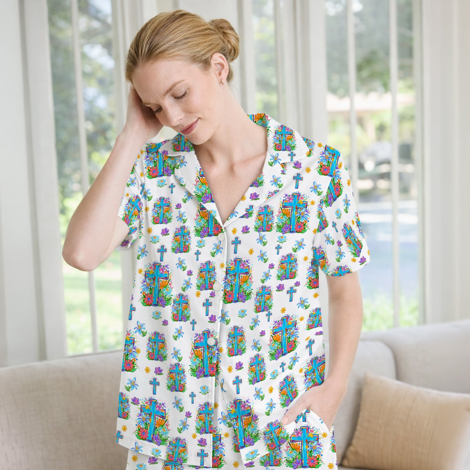Christian Floral Cross Spring Pattern Pajama Set, Breathable Fabrics Uniform
