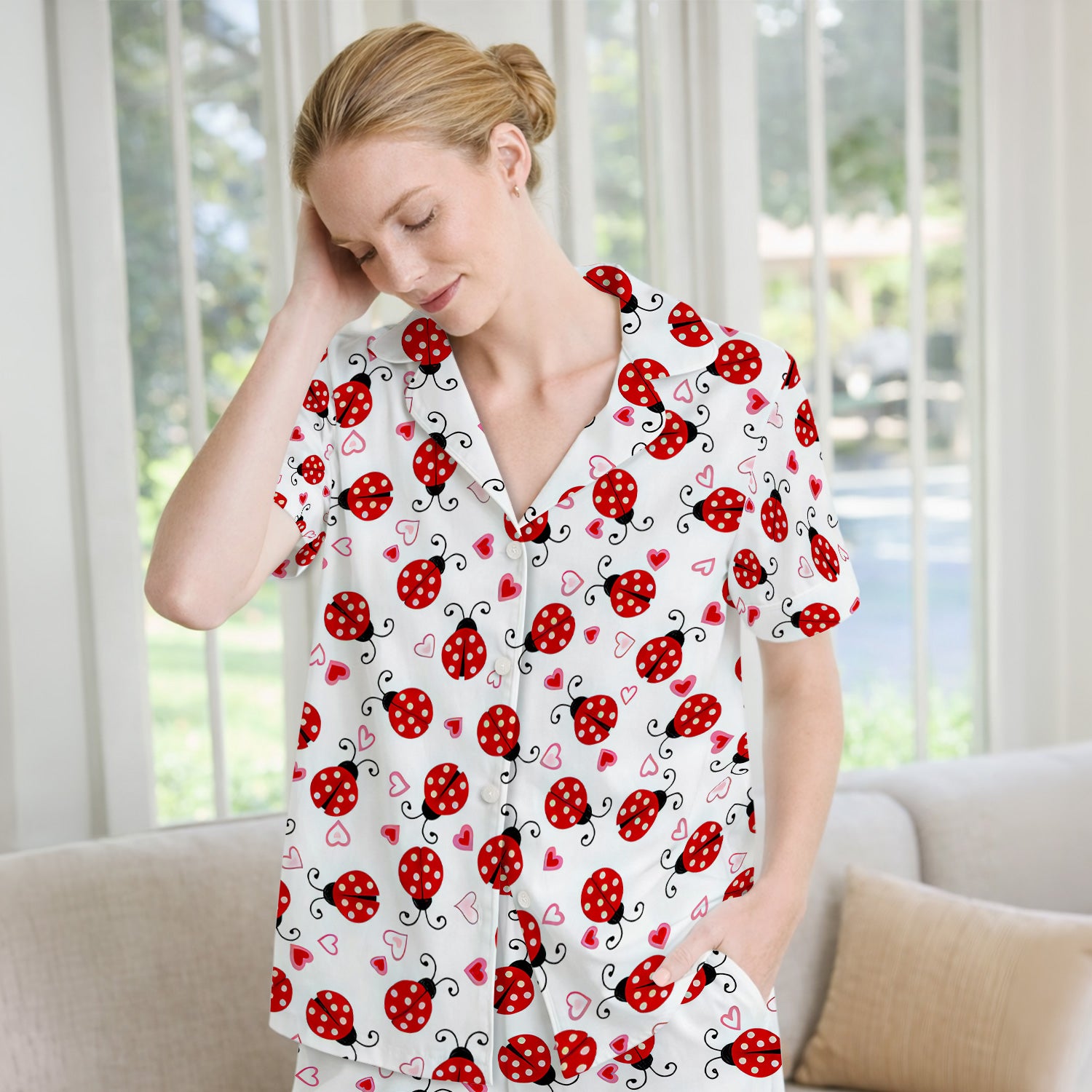 Cute Ladybug Heart Love Pattern Pajama Set, Soft Breathable Fabric Comfortable Sleepwear