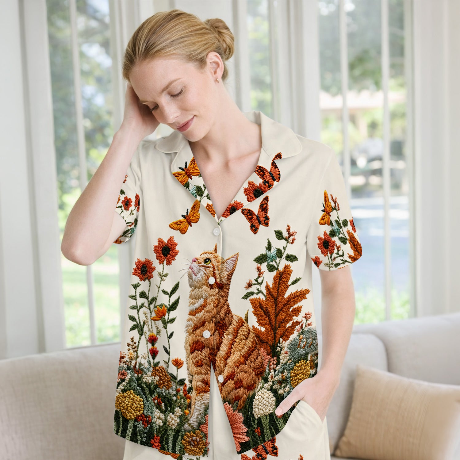 Embroidered Orange Cat Wildflower Pattern Pajama Set, Soft Breathable Fabric Comfortable Sleepwear