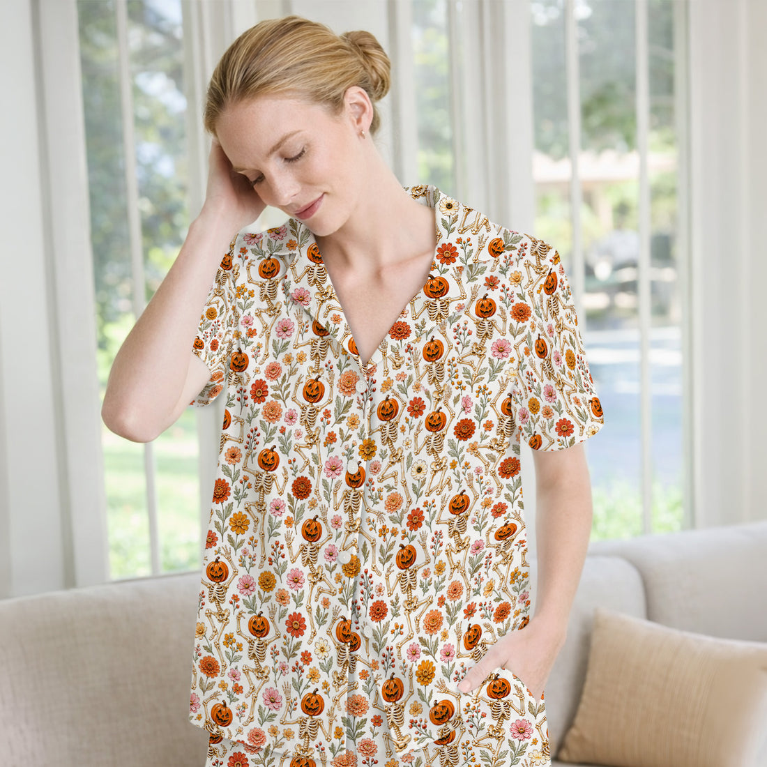 Halloween Pumpkin Skeleton Floral Pajama Set, Soft Breathable Fabric Comfortable Sleepwear