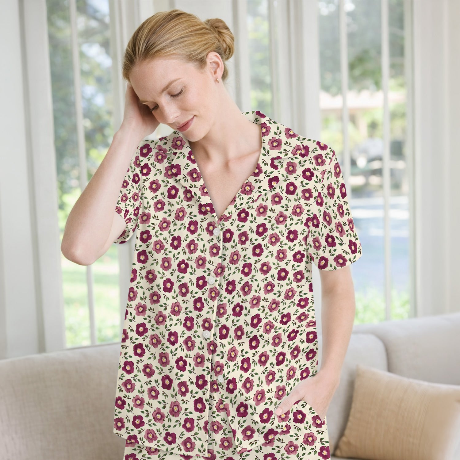 Purple Floral Blossom Leaf Pattern Pajama Set, Soft Breathable Fabric Comfortable Sleepwear