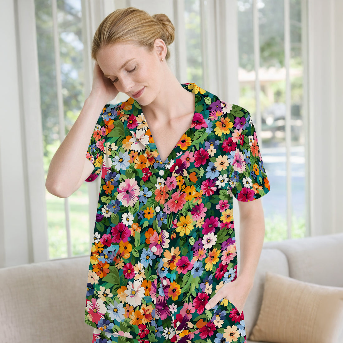 Colorful Wildflower Garden Pattern Pajama Set, Soft Breathable Fabric Comfortable Sleepwear