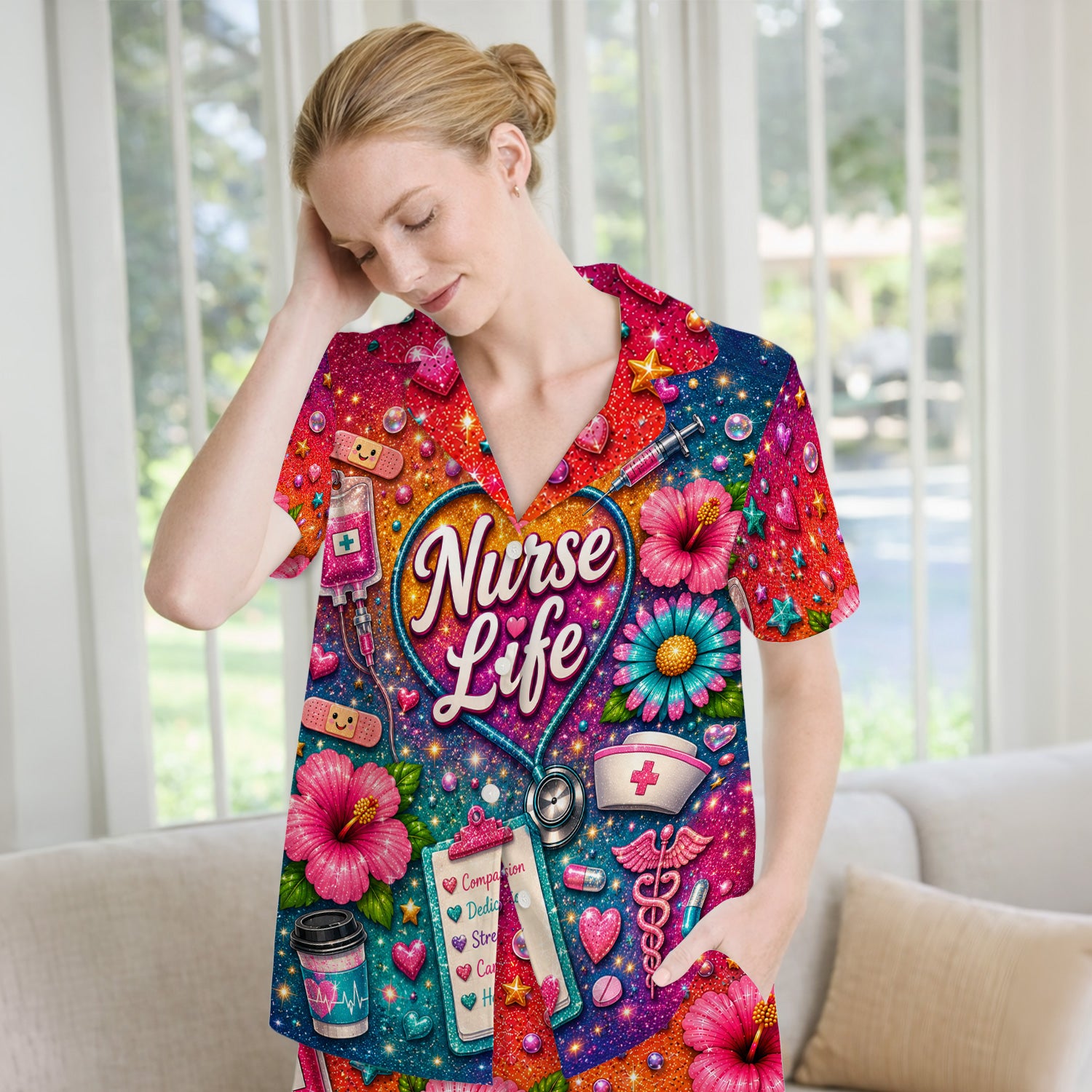 Colorful Nurse Life Heart Pattern Pajama Set, Soft Breathable Fabric Comfortable Sleepwear