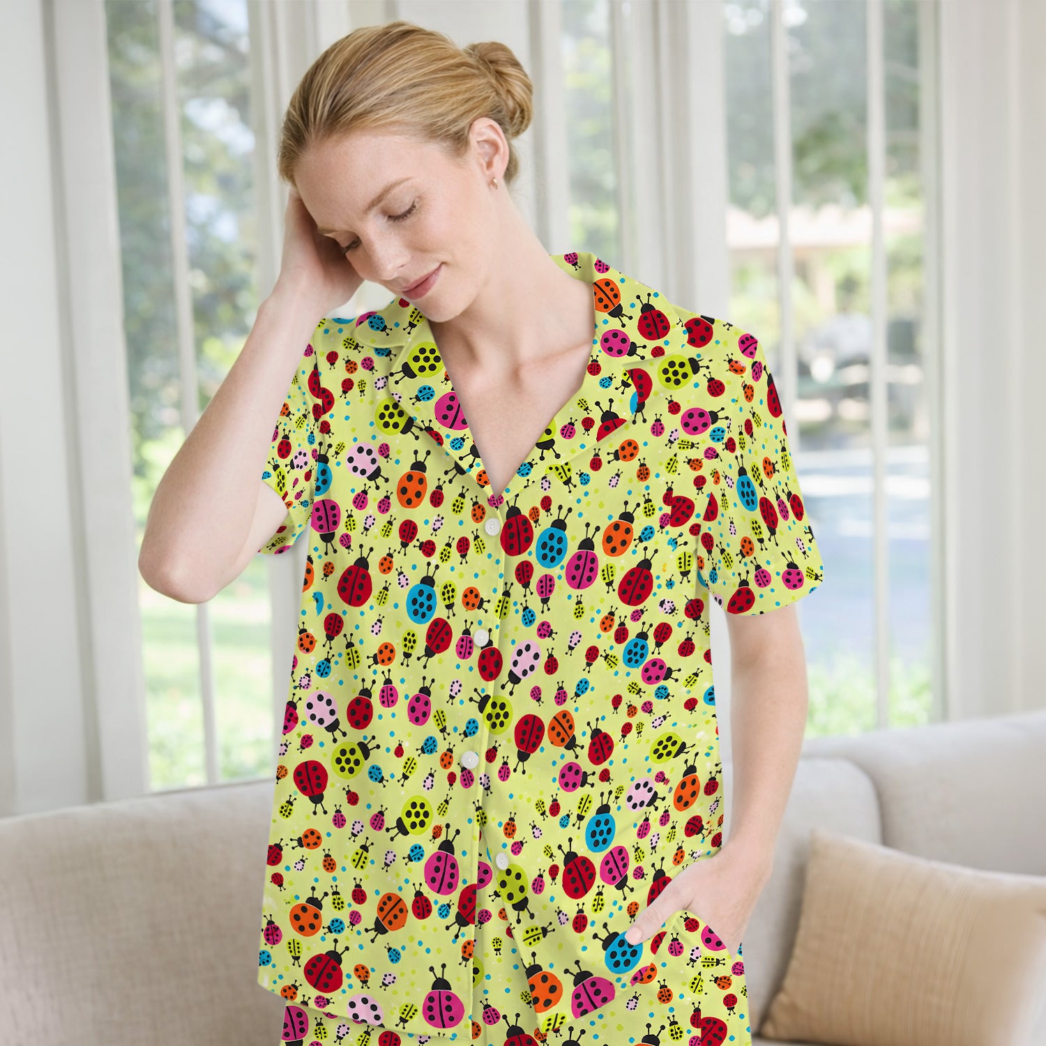 Colorful Ladybug Garden Pattern Pajama Set, Soft Breathable Fabric Comfortable Sleepwear