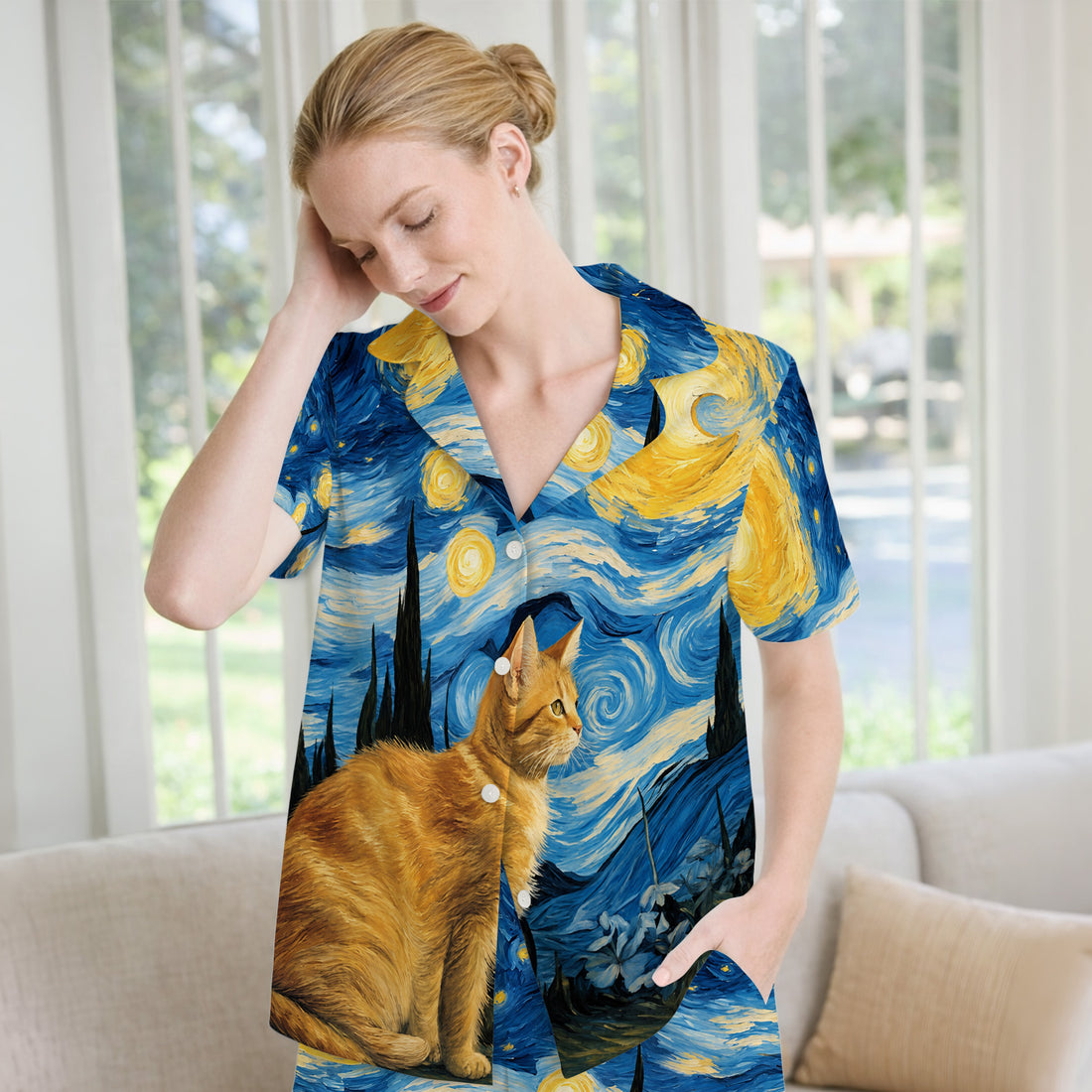 Swirling Moonlit Cat Scene Print Pajama Set, Soft Breathable Fabric Comfortable Sleepwear