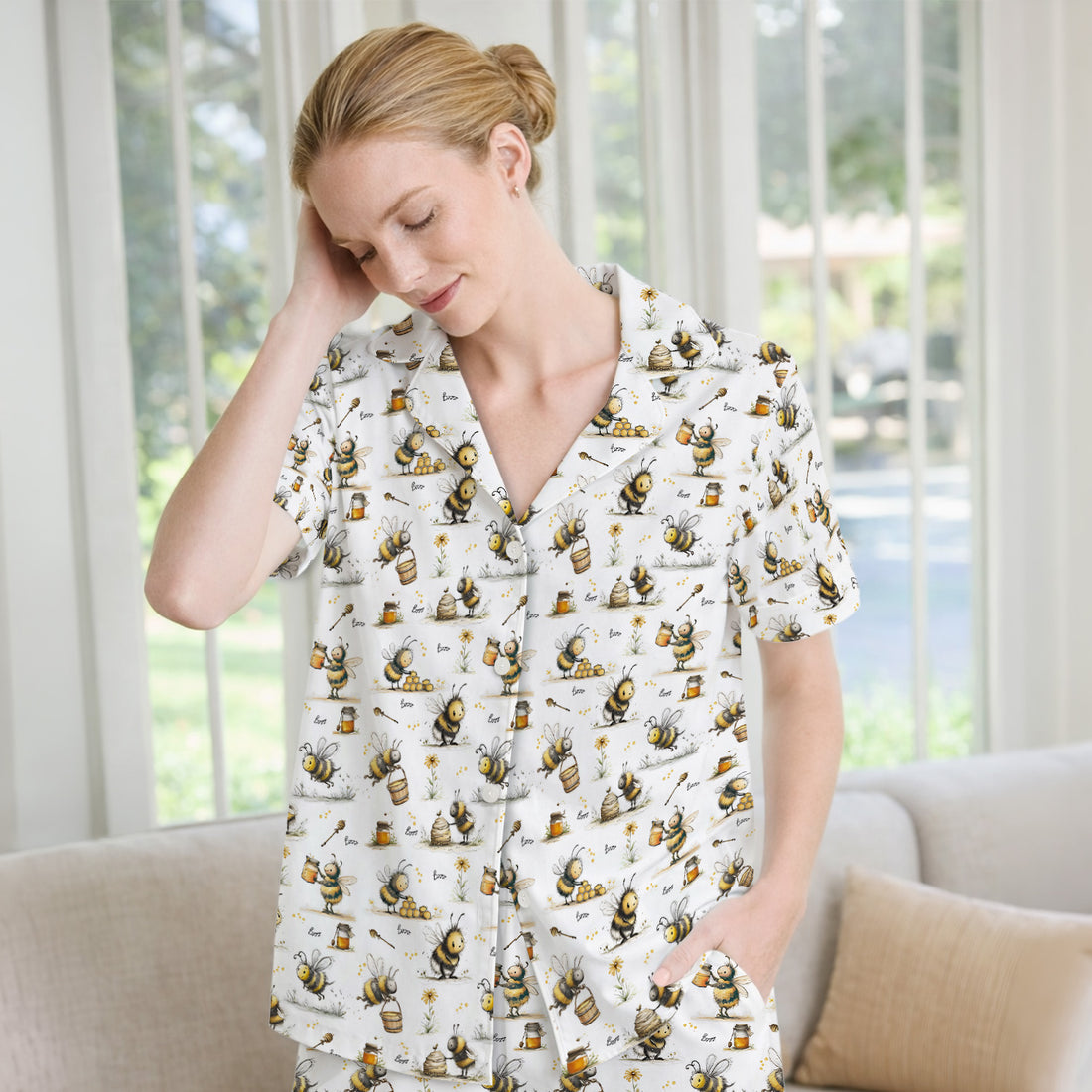 Cute Honey Bee Jar Garden Pattern Pajama Set, Soft Breathable Fabric Comfortable Sleepwear