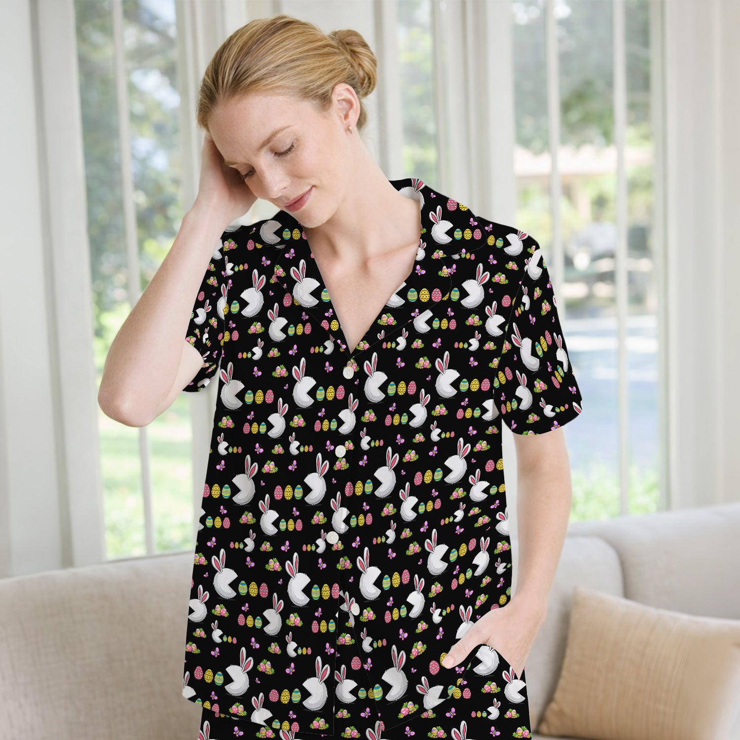 Easter Bunny and Colorful Eggs Print  Pajama Set, Breathable Fabrics Uniform