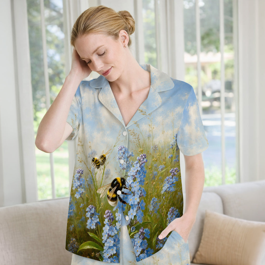 Whimsical Bumblebee Blue Blossom Pattern Pajama Set, Soft Breathable Fabric Comfortable Sleepwear
