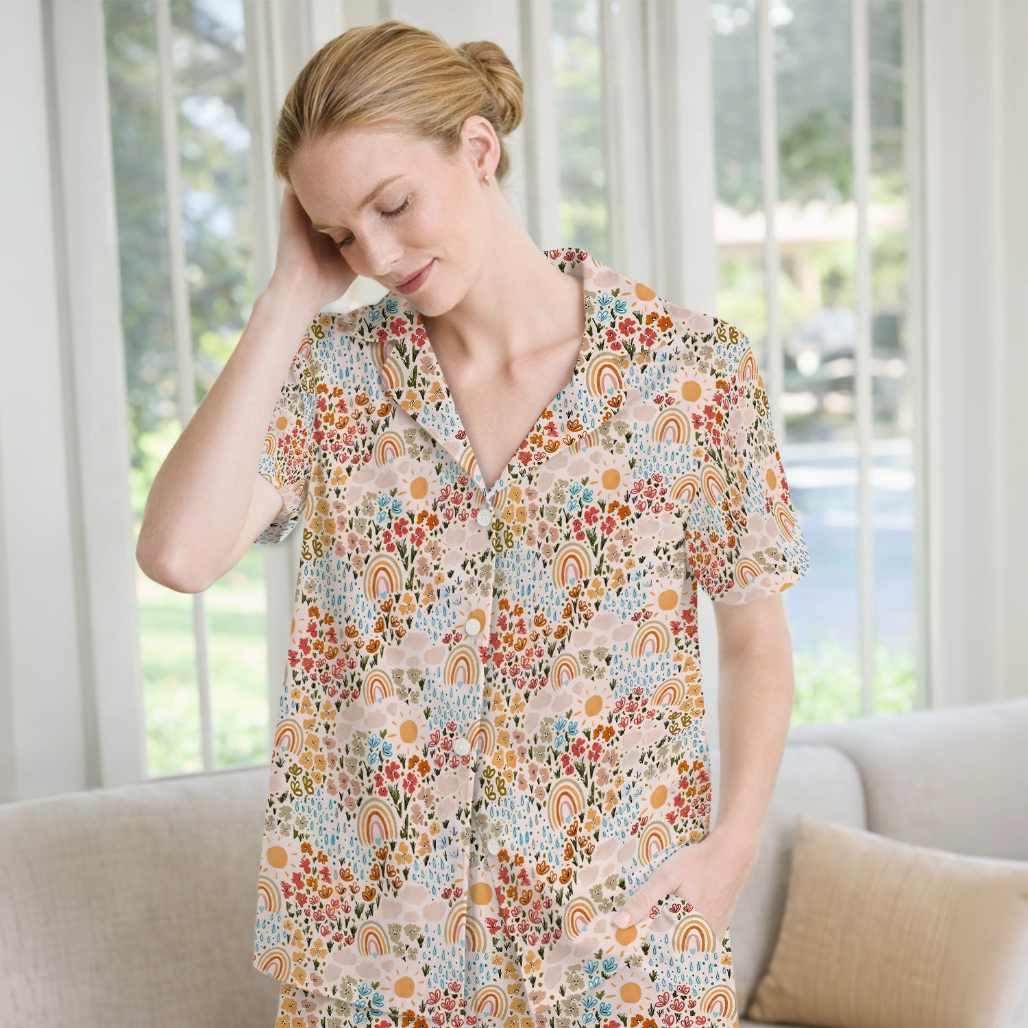 Cute Wildflower Meadow With Rainbow Sun And Raindrops Pajama Set, Soft Breathable Fabric Comfortable Sleepwear