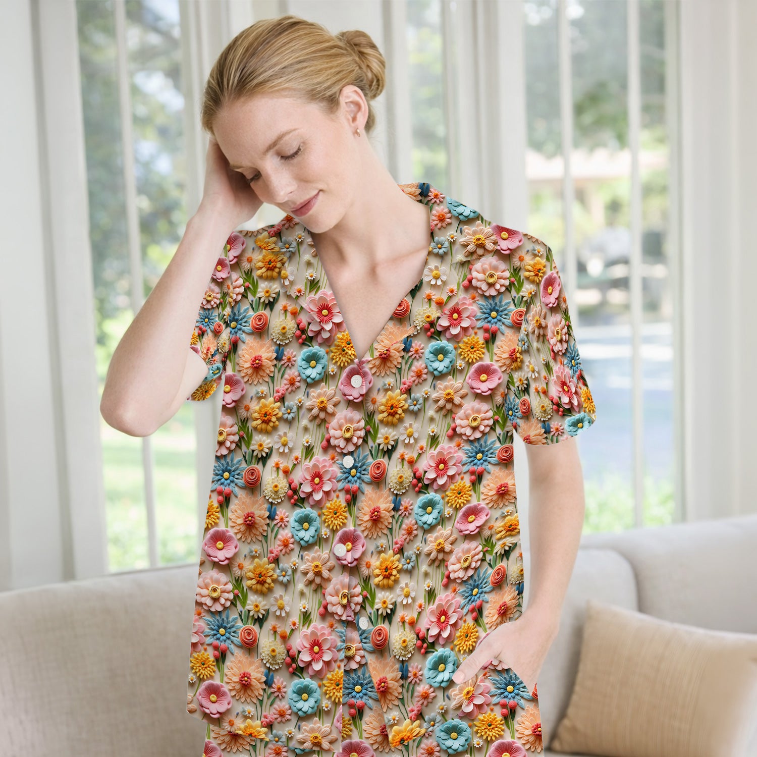 Colorful Blooming Wildflower Pattern Pajama Set, Soft Breathable Fabric Comfortable Sleepwear