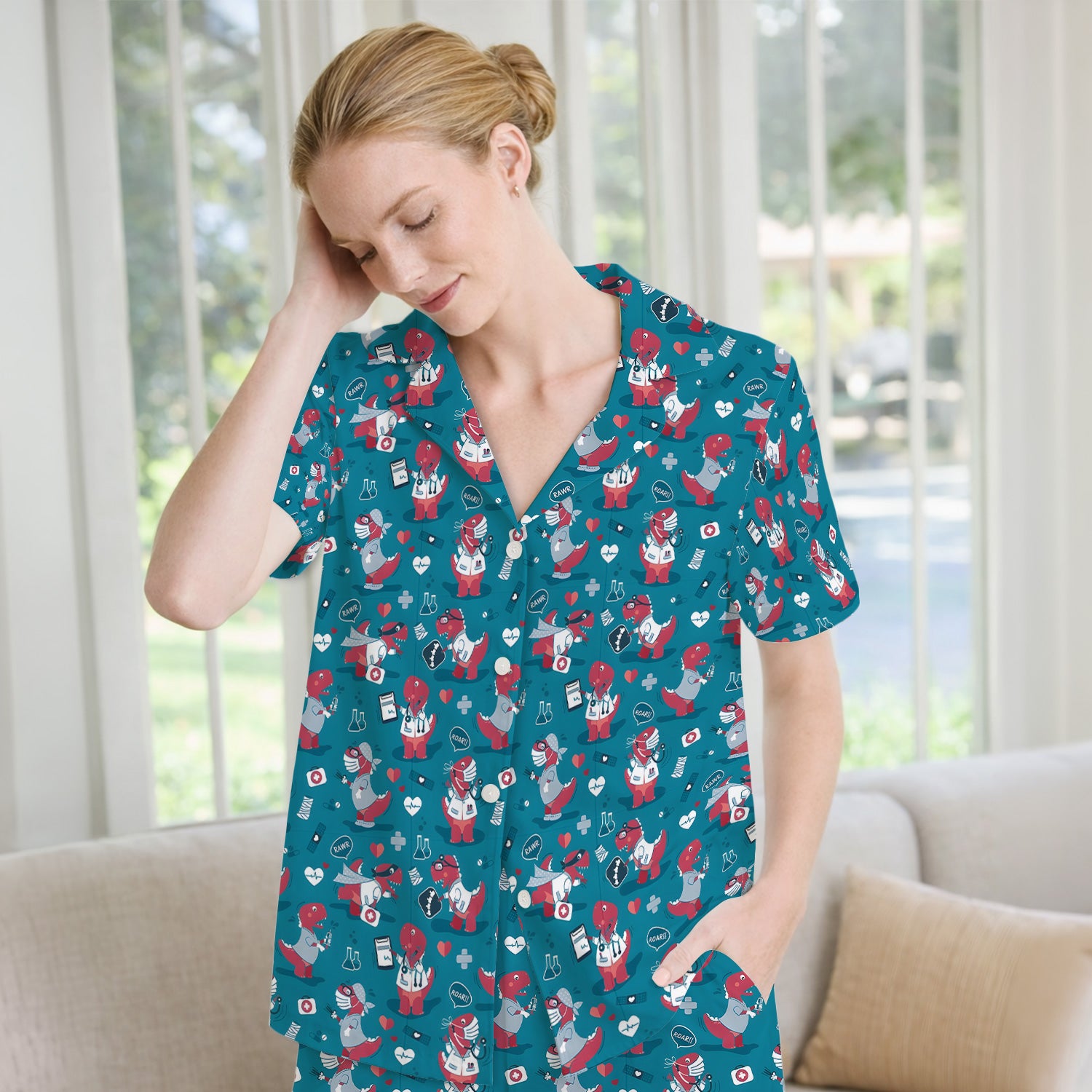 Cute Dinosaur Doctor Medical Pattern Pajama Set, Breathable Fabrics Uniform