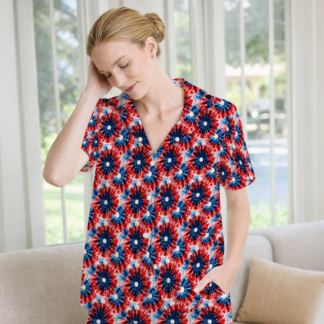 Festive Nurse Tie Dye Firework Burst Pattern Pajama Set, Breathable Fabrics Uniform