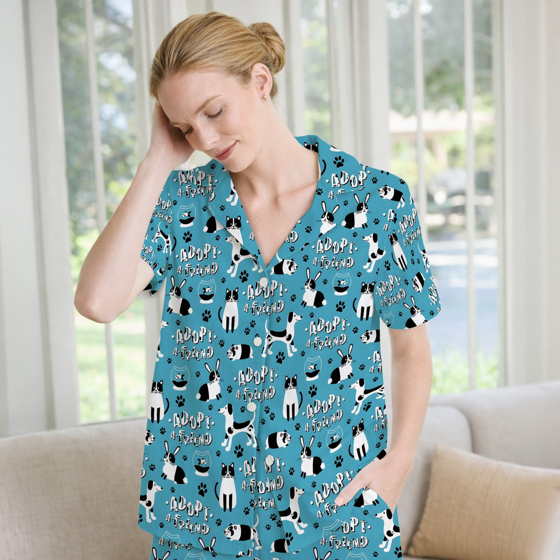 Cute Adopt A Friend Pet Pattern Pajama Set, Soft Breathable Fabric Comfortable Sleepwear