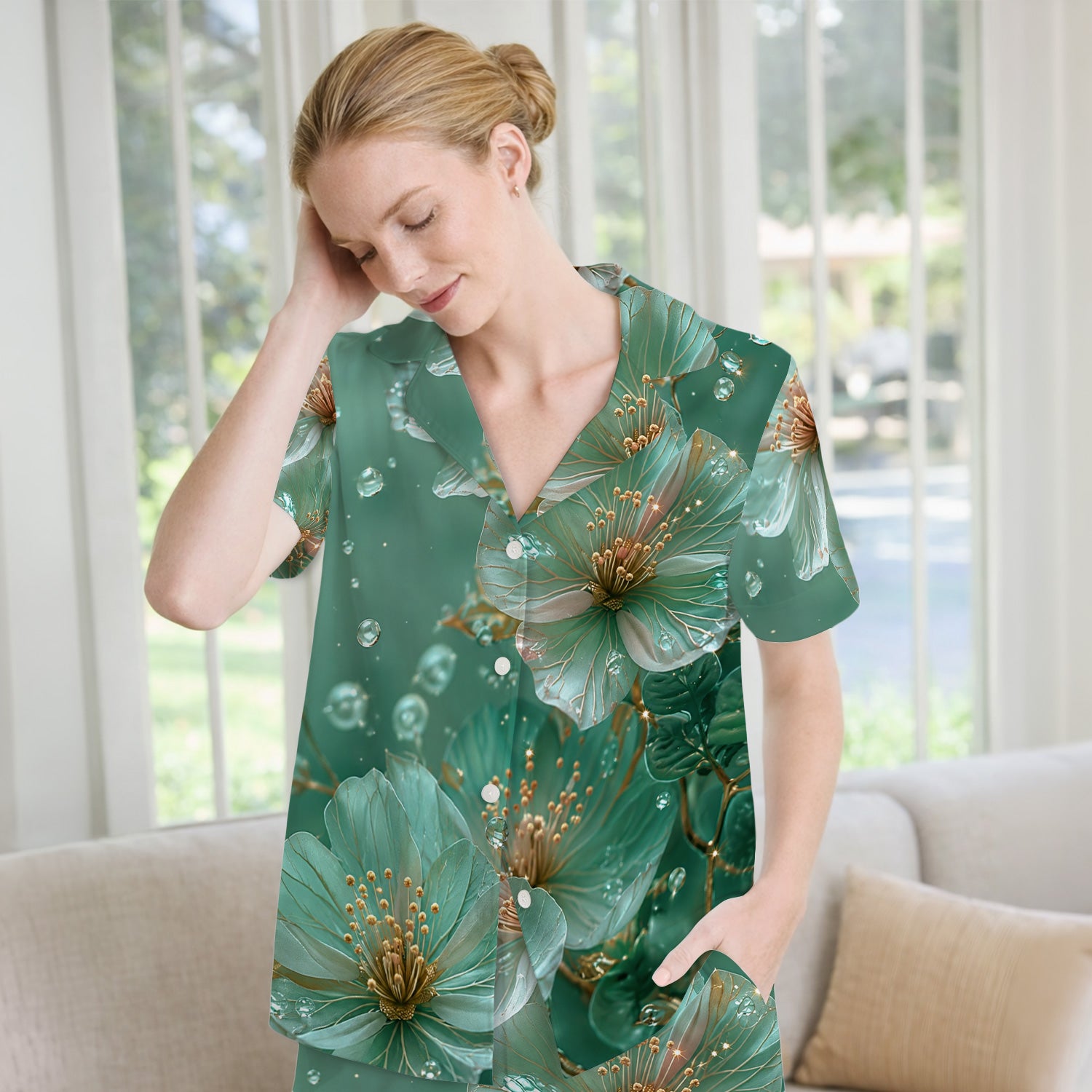 Elegant Mint Blossom Dewdrop Pattern Pajama Set, Soft Breathable Fabric Comfortable Sleepwear