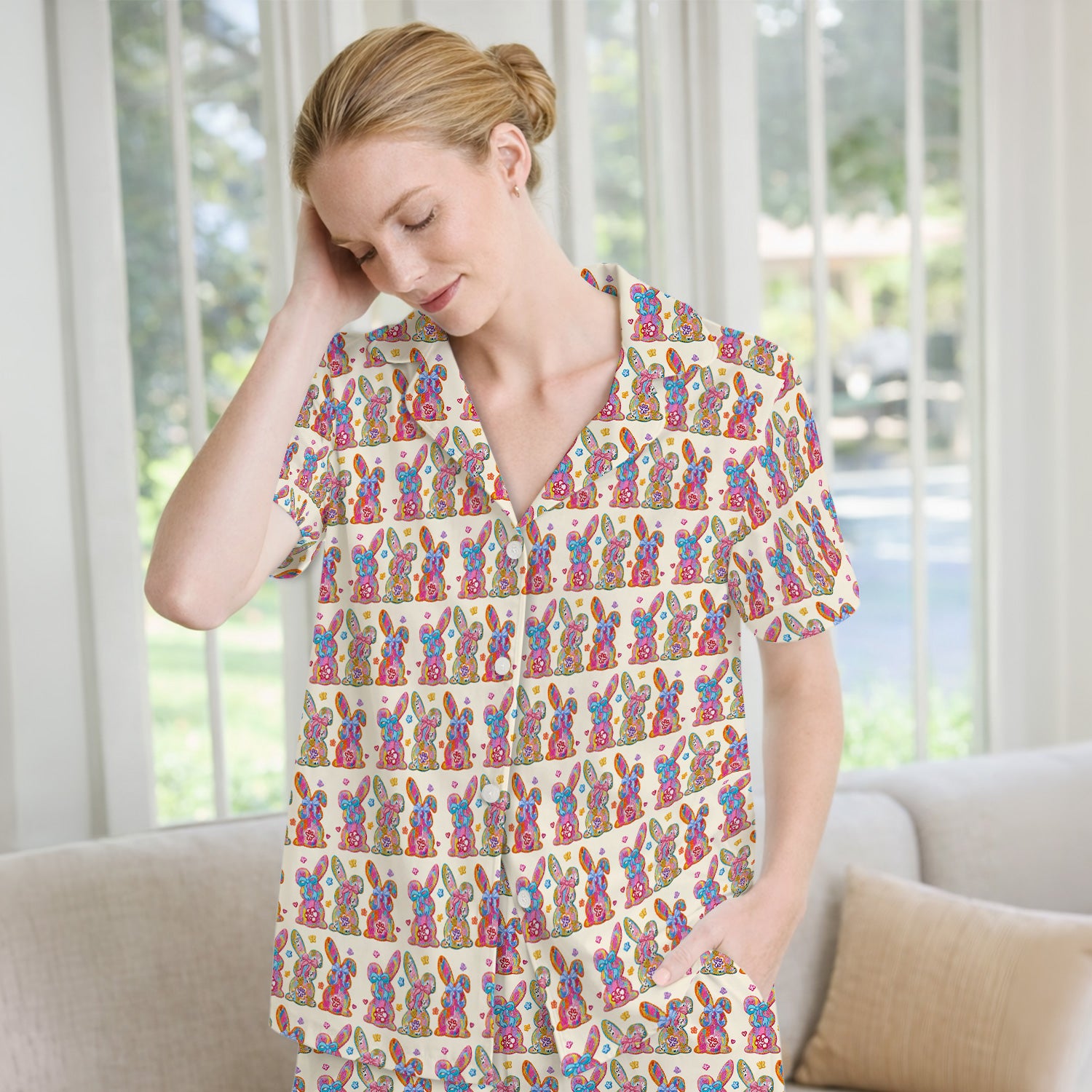 Cute Pastel Bunny Floral Pattern Pajama Set, Breathable Fabrics Uniform