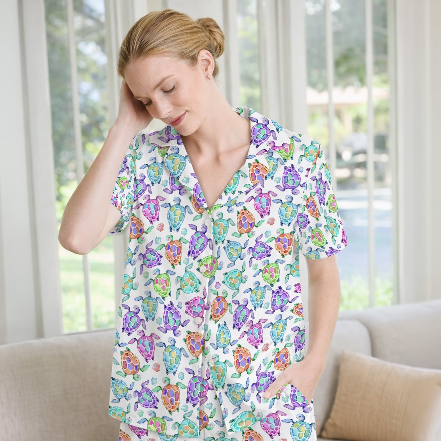 Colorful Sea Turtle Shell Pattern Pajama Set, Soft Breathable Fabric Comfortable Sleepwear