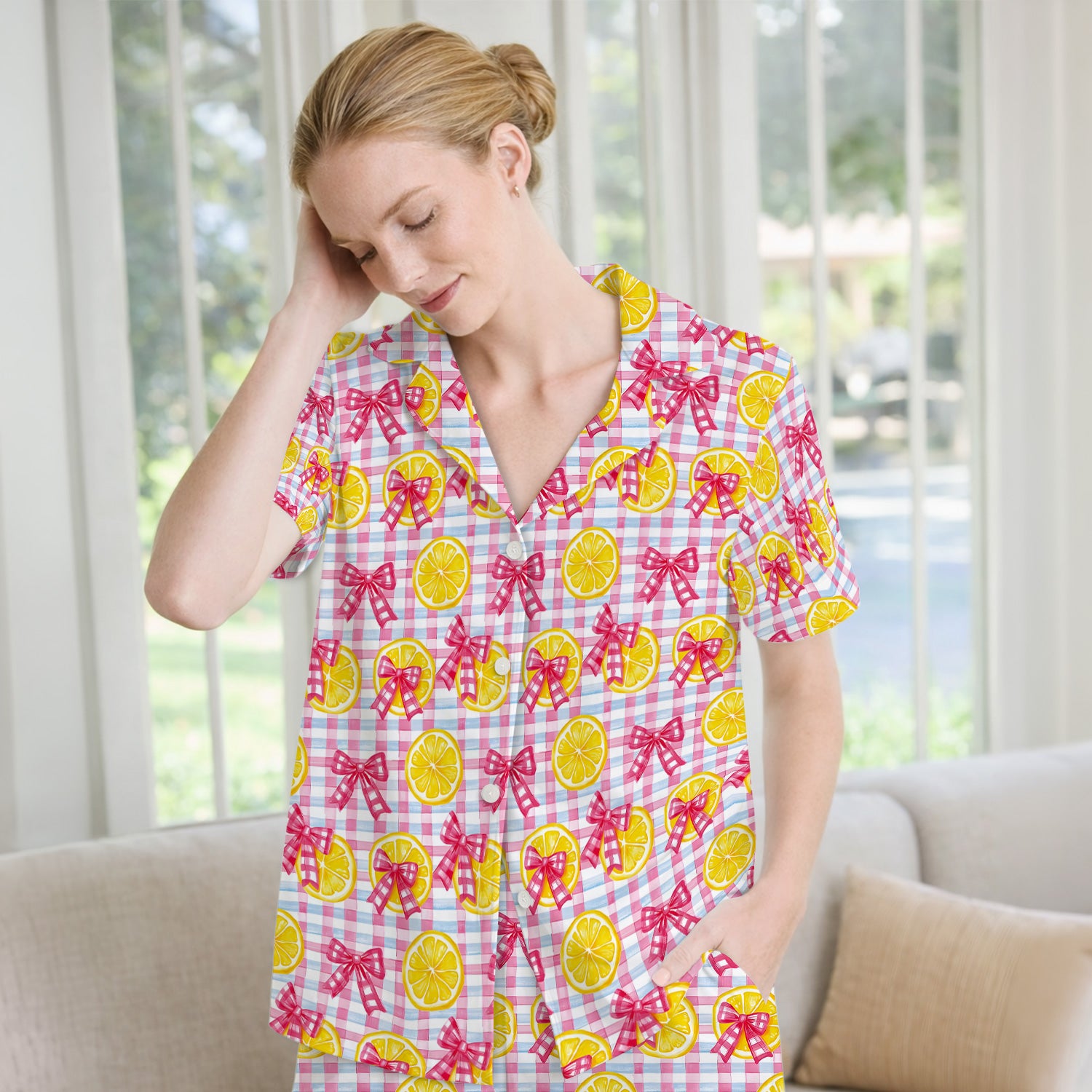 Cute Lemon Slice Pink Bow Gingham Pattern Pajama Set, Soft Breathable Fabric Comfortable Sleepwear
