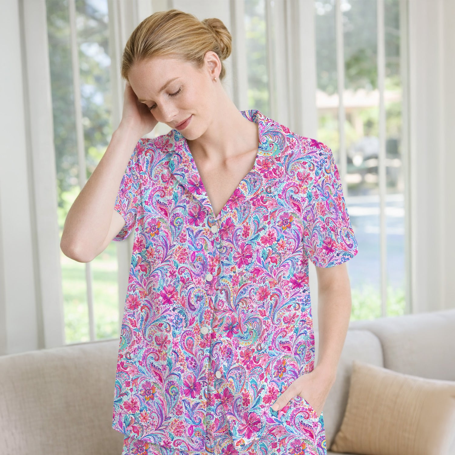 Elegant Pink Paisley Blossom Pattern Pajama Set, Soft Breathable Fabric Comfortable Sleepwear