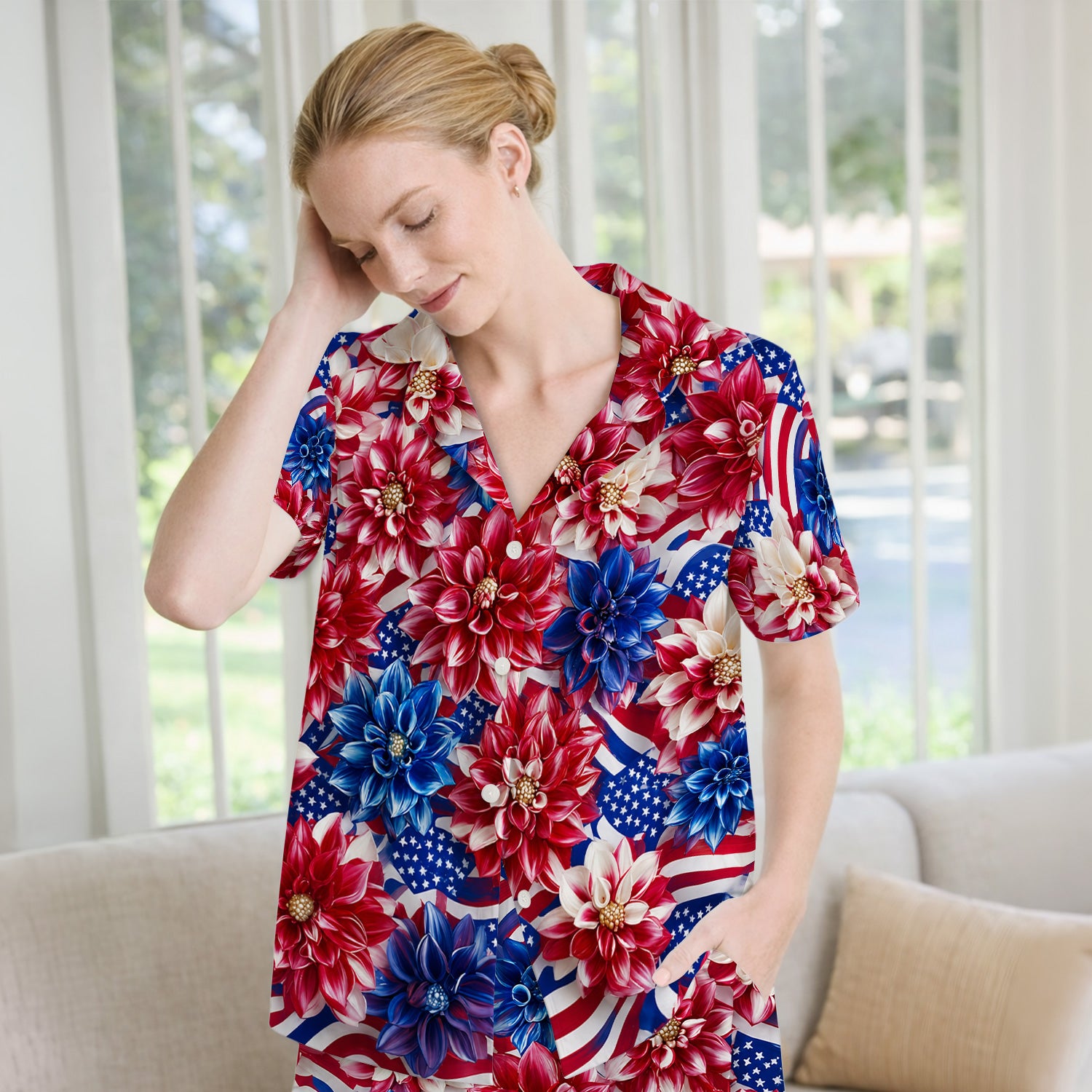 Festive Patriotic Floral Flag Pattern Pajama Set, Soft Breathable Fabric Comfortable Sleepwear