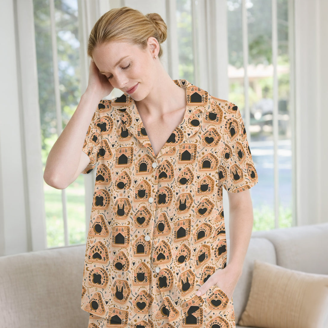 Cute Woodland Bunny Cottagecore Floral Pattern Pajama Set, Soft Breathable Fabric Comfortable Sleepwear