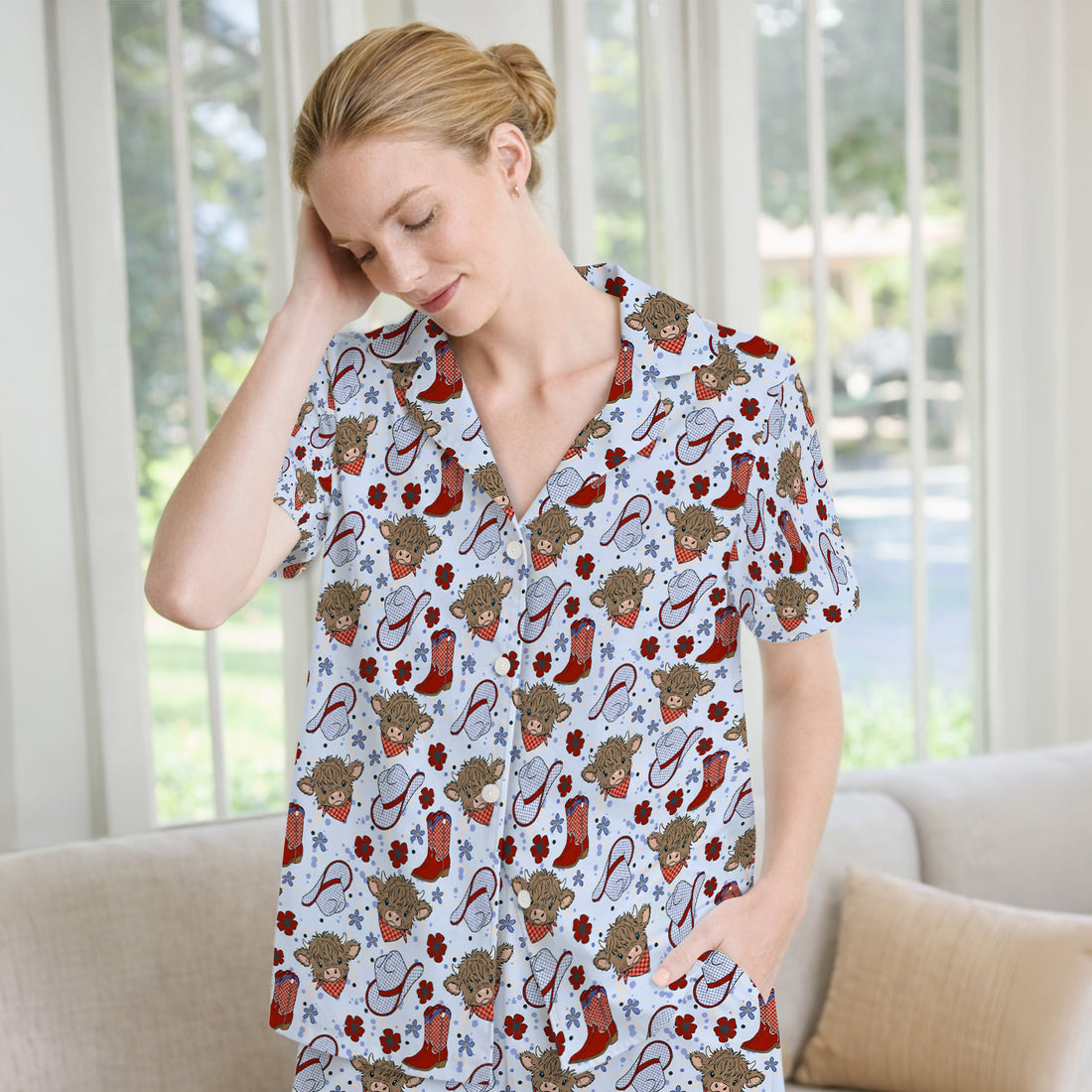 Cute Highland Cow Cowboy Boots Pattern Pajama Set, Soft Breathable Fabric Comfortable Sleepwear