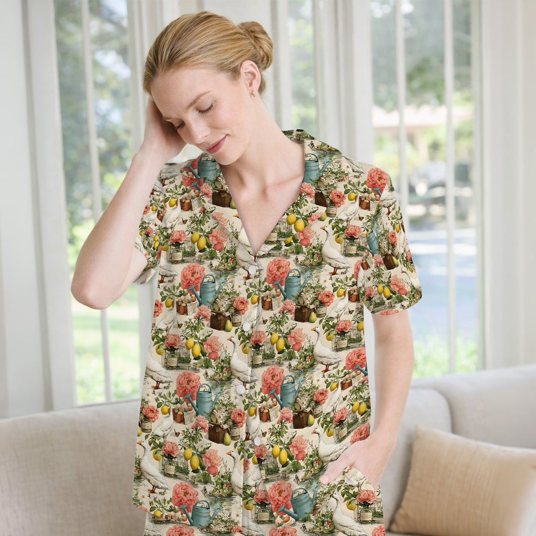Vintage Goose Garden Floral Pattern Pajama Set, Breathable Fabrics Uniform