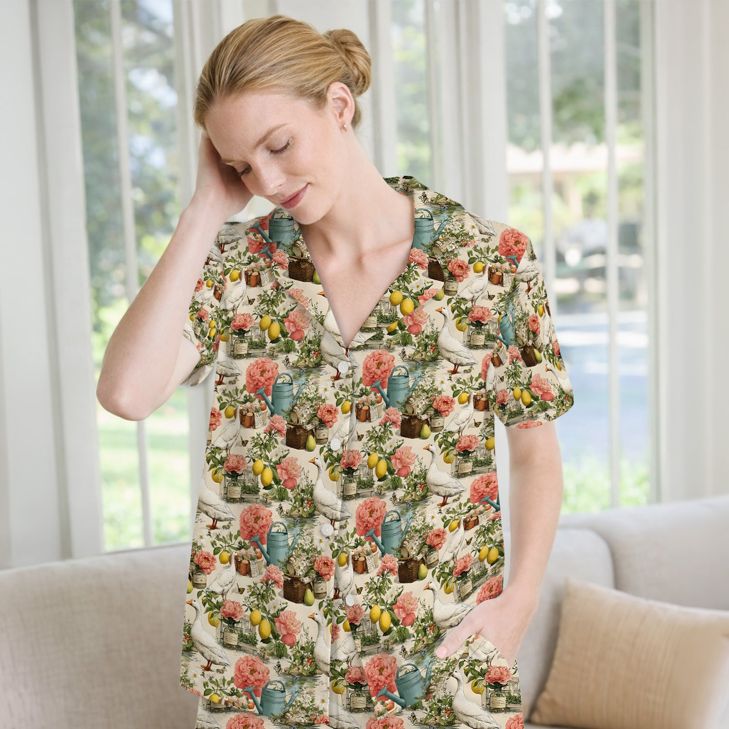 Vintage Goose Garden Floral Pattern Pajama Set, Breathable Fabrics Uniform