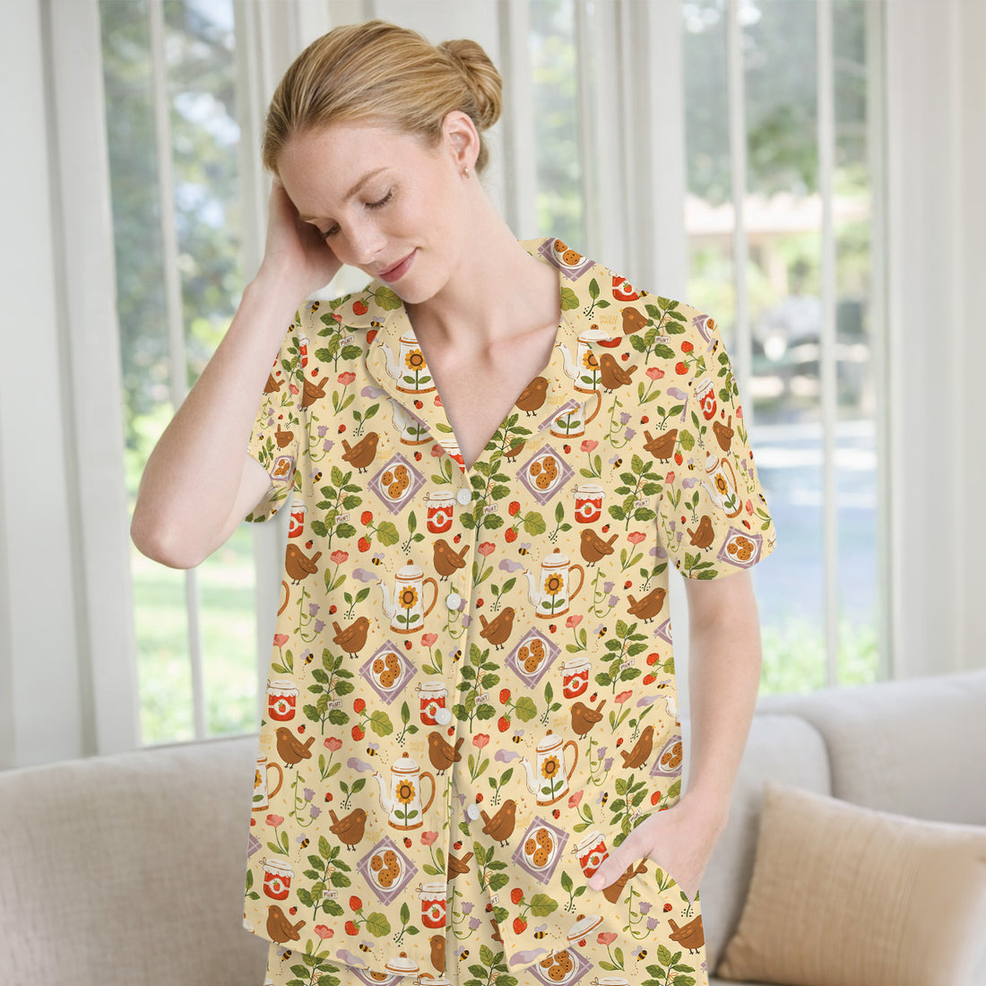 Cute Garden Tea Bird Strawberry Pattern Pajama Set, Soft Breathable Fabric Comfortable Sleepwear