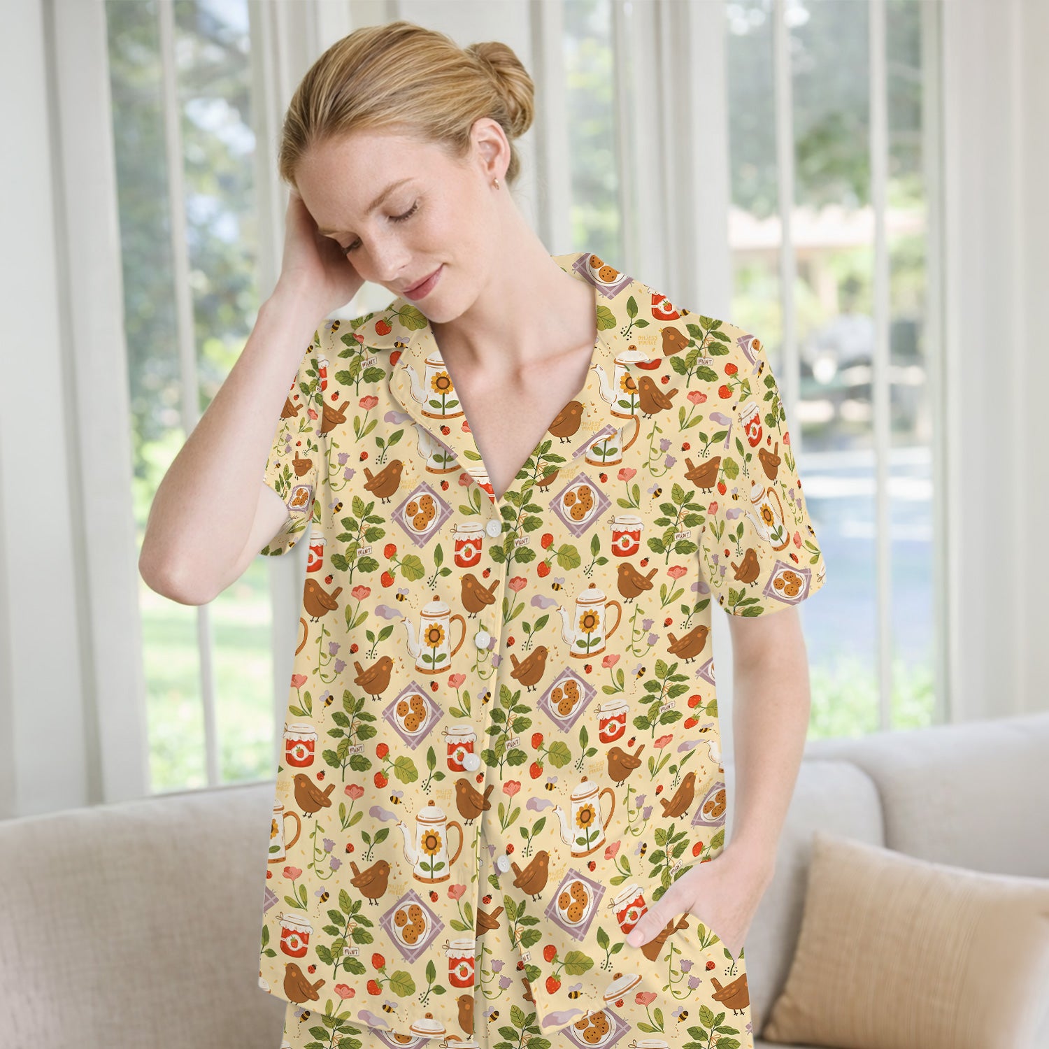 Cute Garden Tea Bird Strawberry Pattern Pajama Set, Soft Breathable Fabric Comfortable Sleepwear