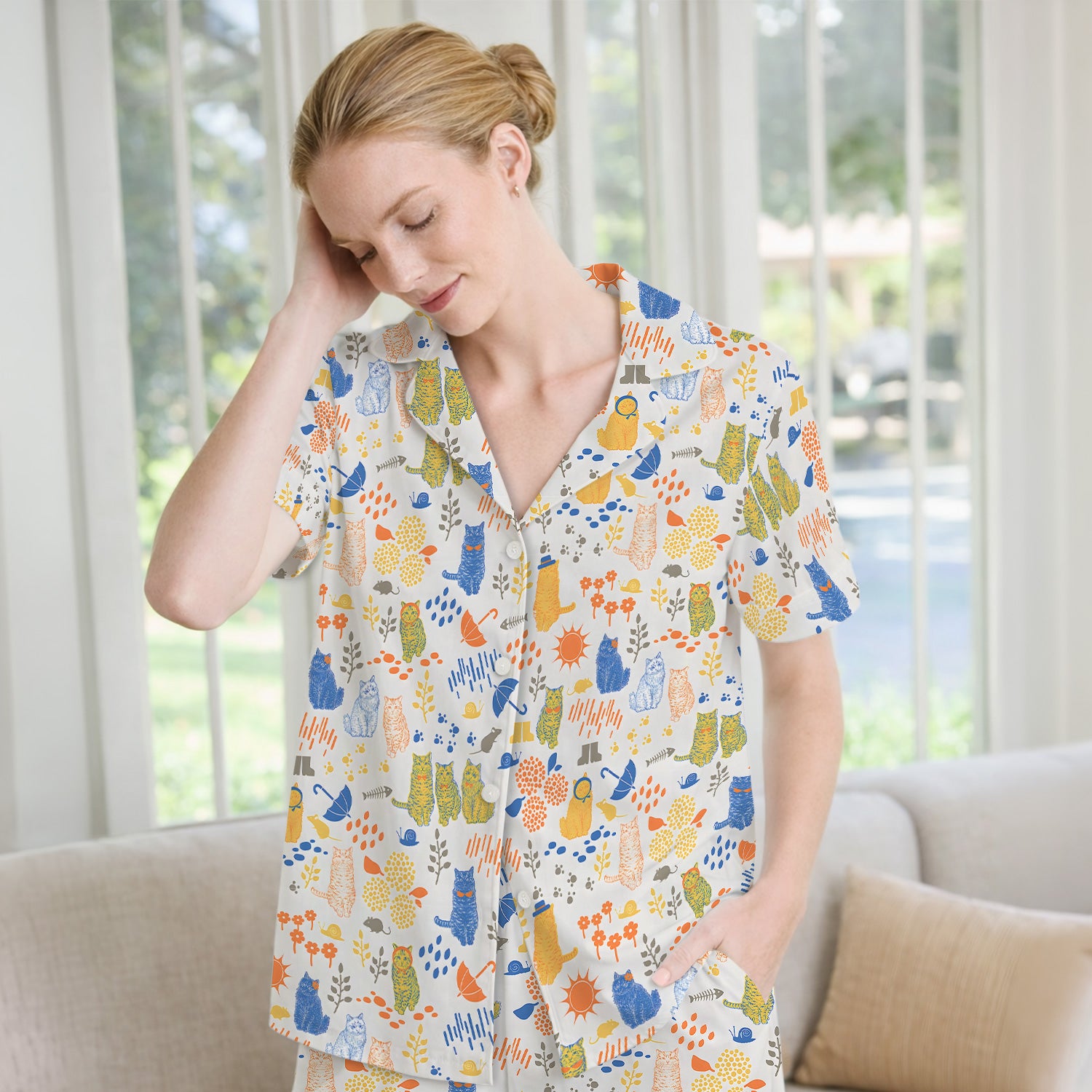 Cozy Rainy Day Cat Lover Nature Nurse Pattern Pajama Set, Soft Breathable Fabric Comfortable Sleepwear