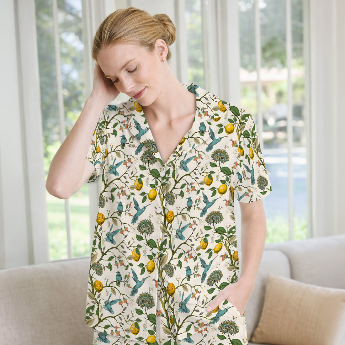 Cute Hummingbird Lemon Floral Pattern Pajama Set, Soft Breathable Fabric Comfortable Sleepwear