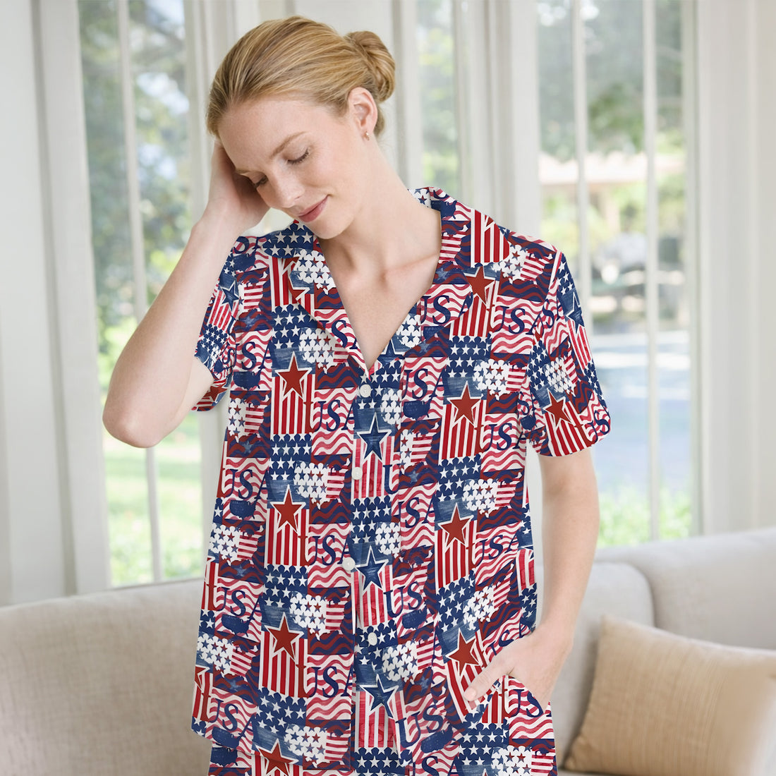 Patriotic USA Star Patchwork Pattern Pajama Set, Soft Breathable Fabric Comfortable Sleepwear