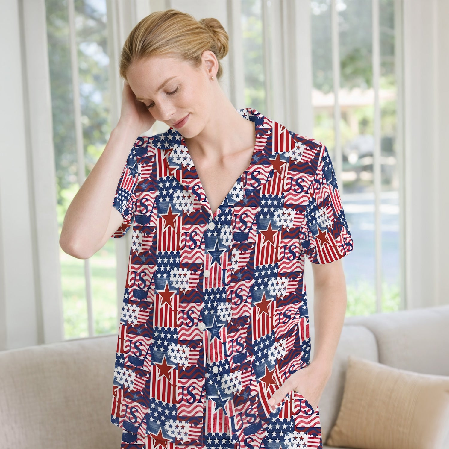 Patriotic USA Star Patchwork Pattern Pajama Set, Soft Breathable Fabric Comfortable Sleepwear
