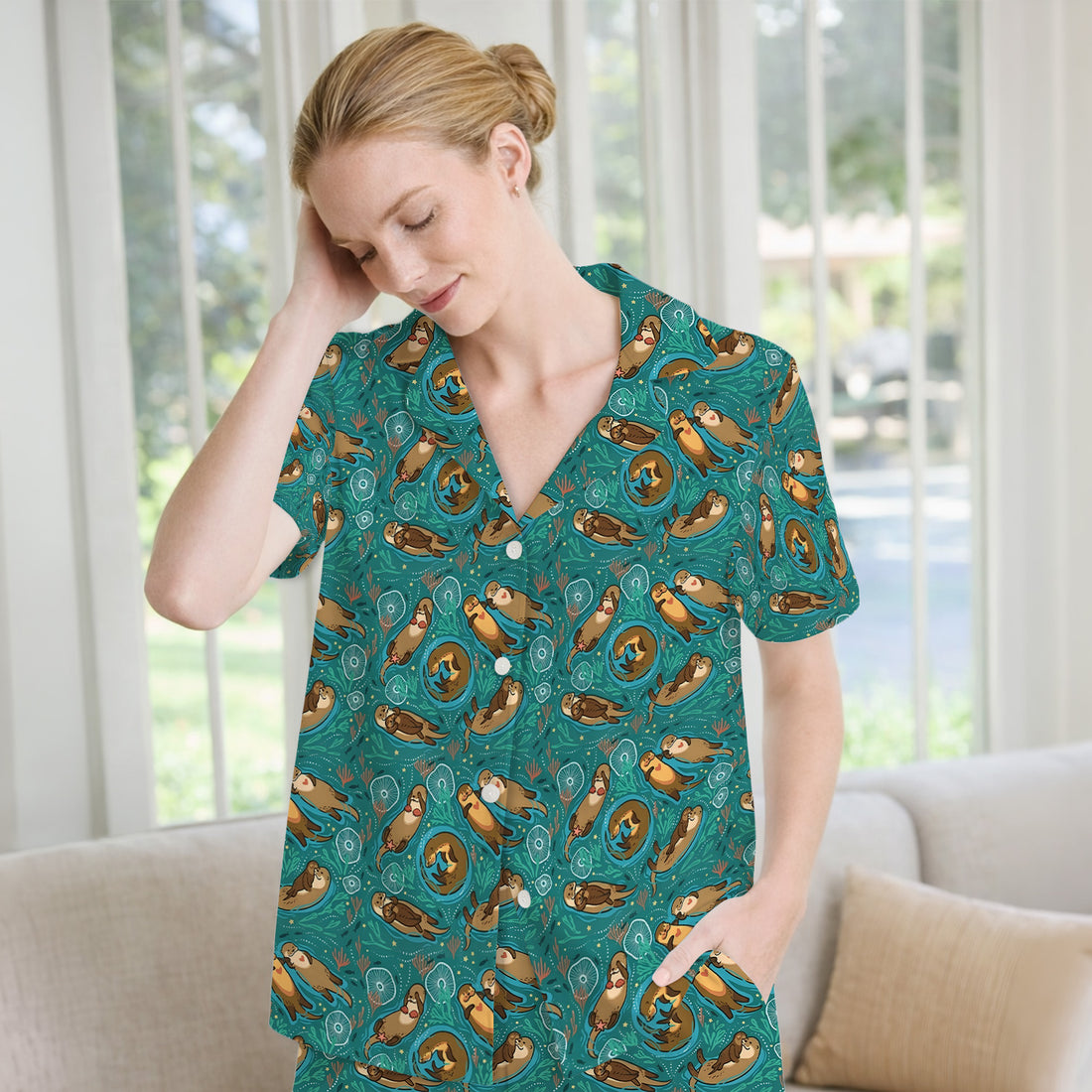 Sea Otter Floating Ocean Pattern Pajama Set, Soft Breathable Fabric Comfortable Sleepwear