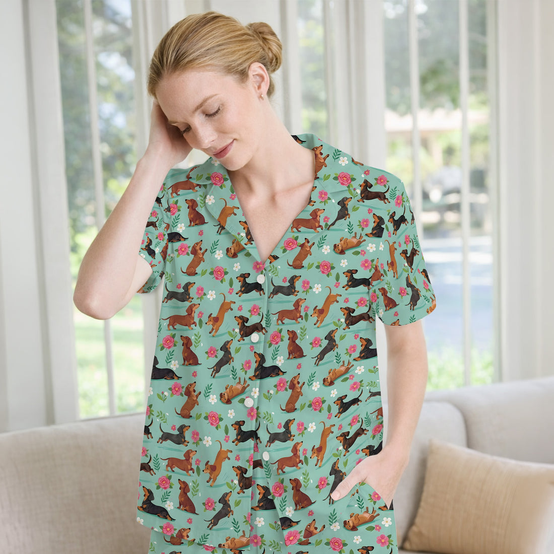 Cute Floral Dachshund Puppy Pattern Pajama Set, Soft Breathable Fabric Comfortable Sleepwear