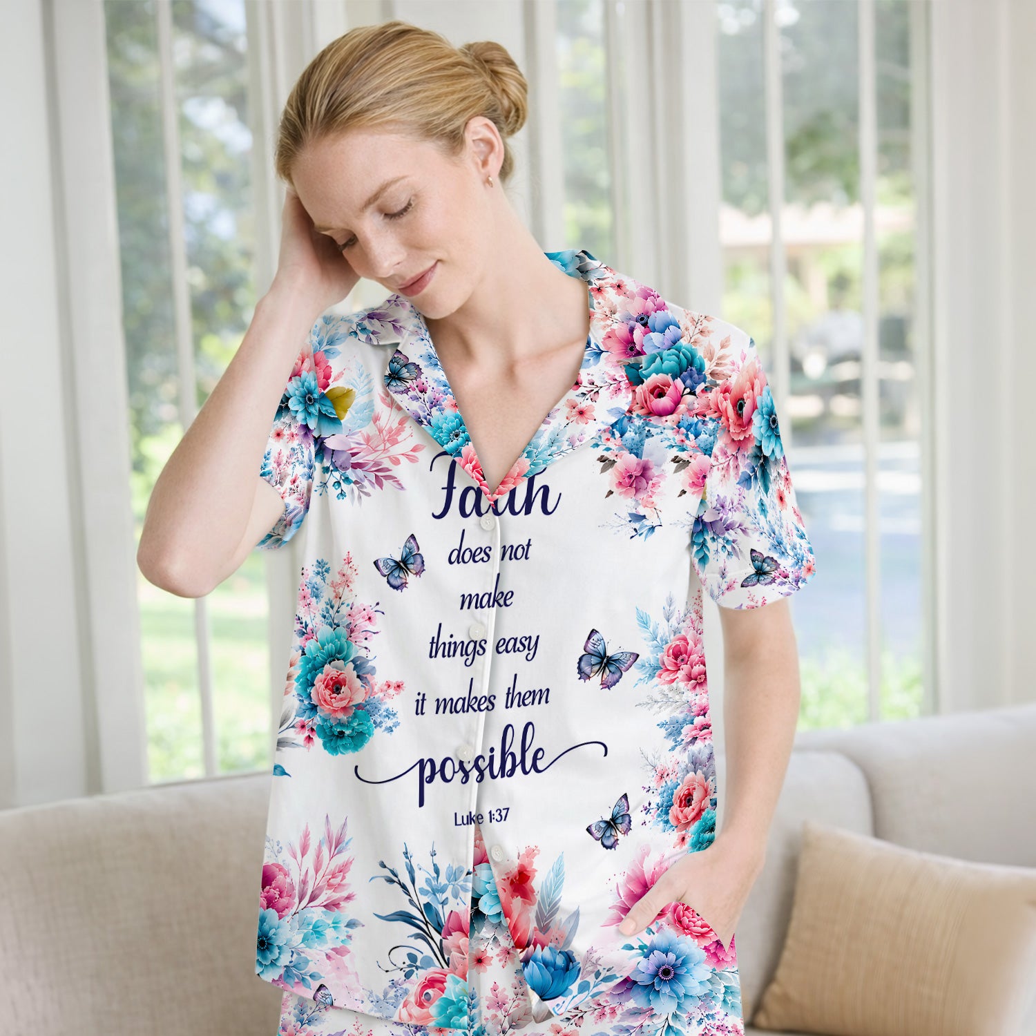 Inspirational Faith Floral Butterfly Pattern Pajama Set, Soft Breathable Fabric Comfortable Sleepwear