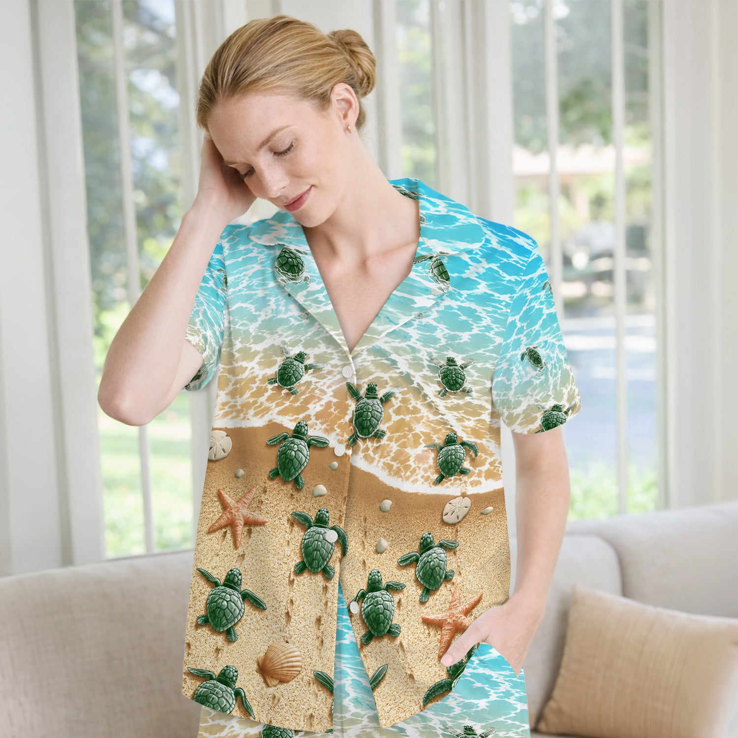 Coastal Sea Turtle Beach Pattern Pajama Set, Soft Breathable Fabric Comfortable Sleepwear