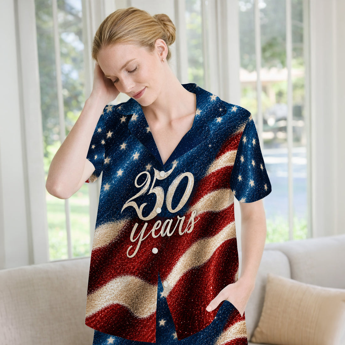 Festive American Flag 250 Years Pattern Pajama Set, Soft Breathable Fabric Comfortable Sleepwear