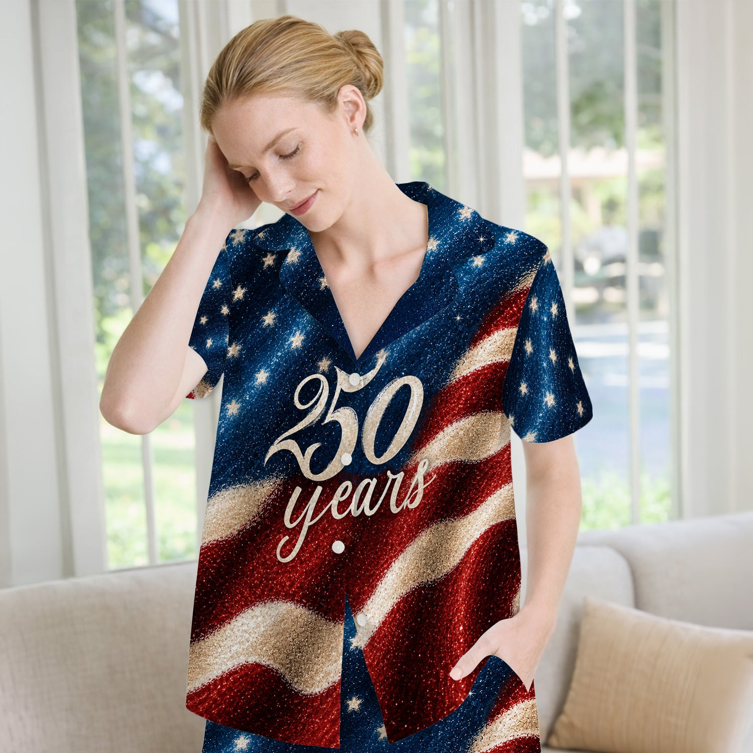 Festive American Flag 250 Years Pattern Pajama Set, Soft Breathable Fabric Comfortable Sleepwear