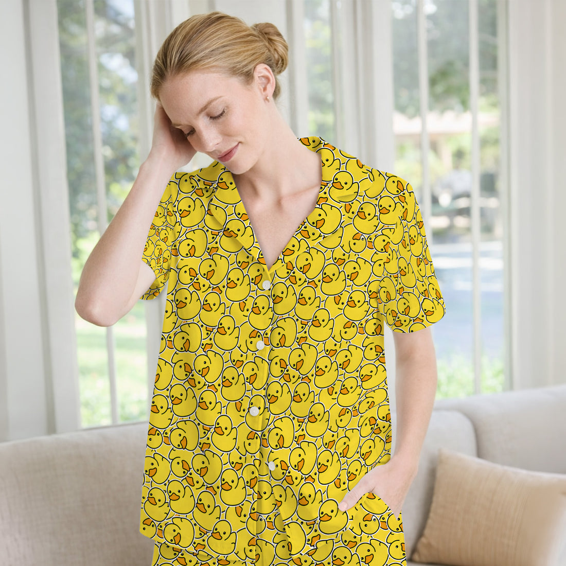 Yellow Rubber Duck Pattern Pajama Set, Soft Breathable Fabric Comfortable Sleepwear
