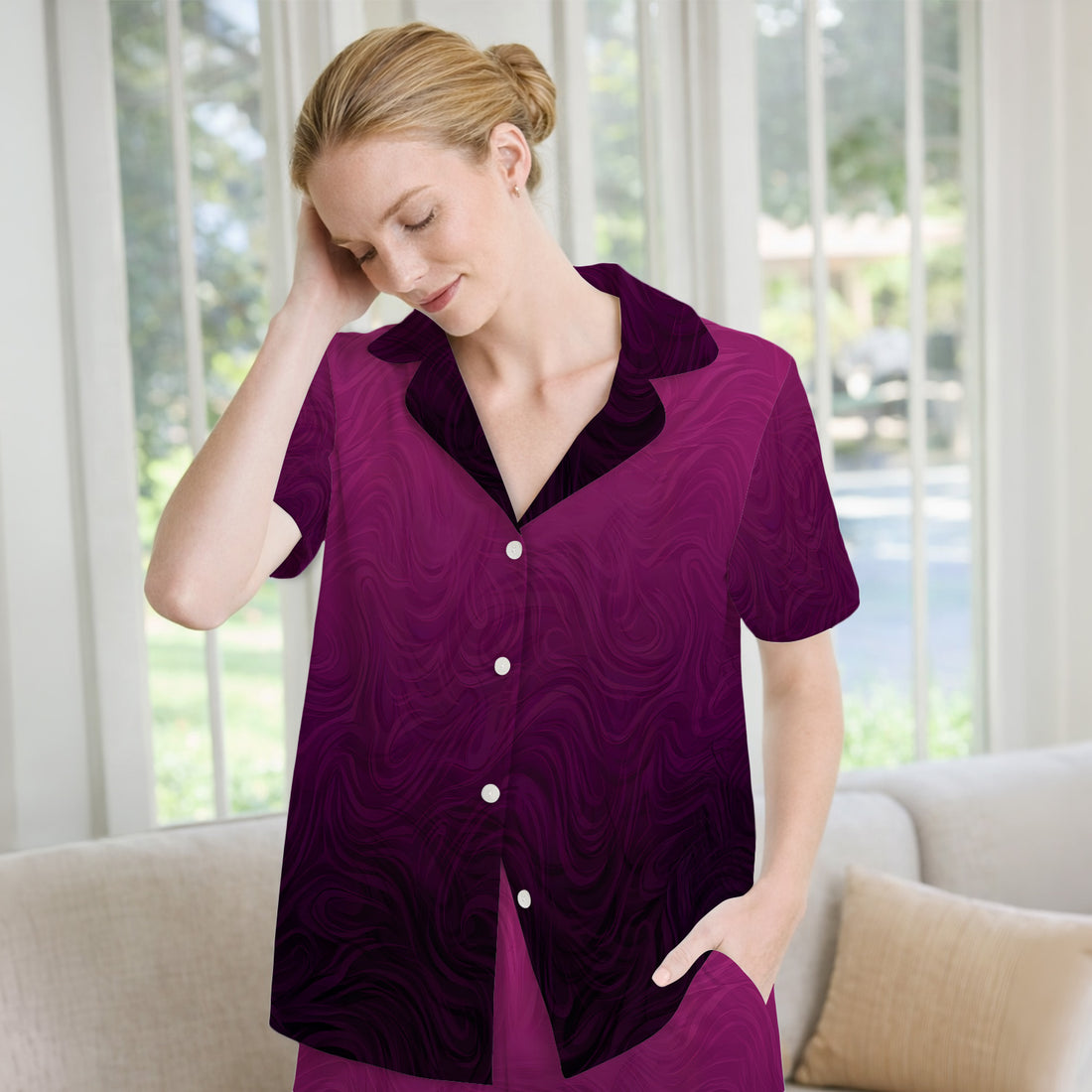 Abstract Swirl Ombre Pattern Pajama Set, Soft Breathable Fabric Comfortable Sleepwear